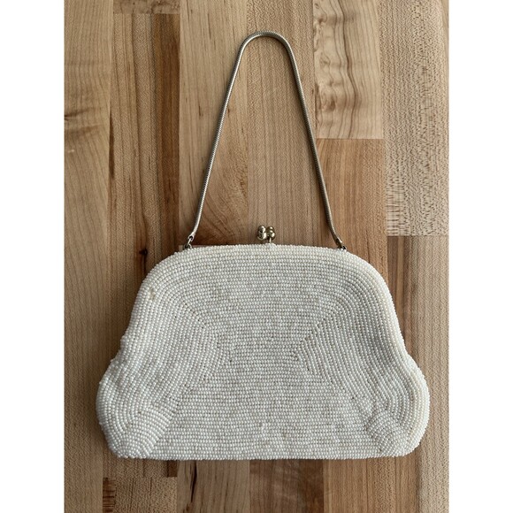 Vintage 50/60's Small White Beaded Purse Handbag Single Handle Kiss Lock - Picture 2 of 8